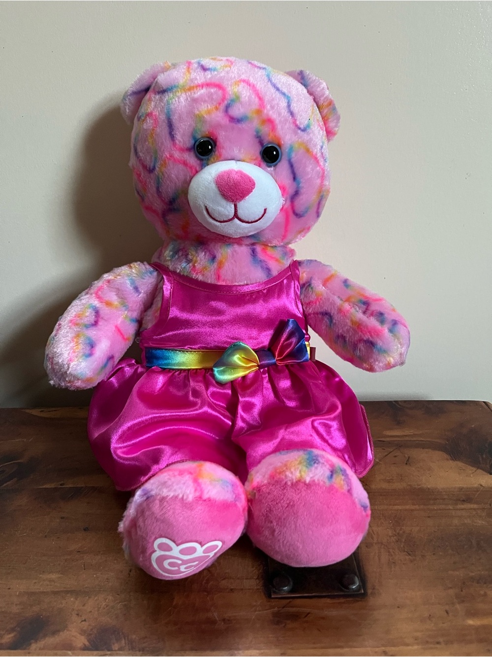 Build-A-Bear Pink Rainbow Swirl Plush Bear in Satin Dress